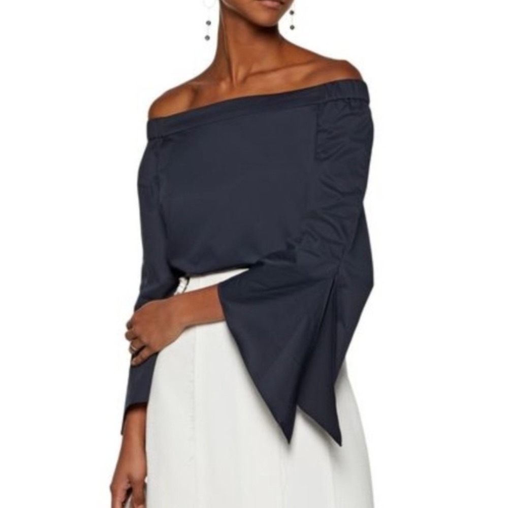 Tibi Off The Shoulder Flare Sleeve Cotton Blouse Size 6 Black Minimalist Poplin